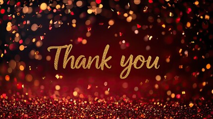 Thank you golden text on red background. Calligraphy lettering on gold glitter confetti template for wedding thank you cards, tags, banners, posters, labels, textiles, invitation and greeting card
