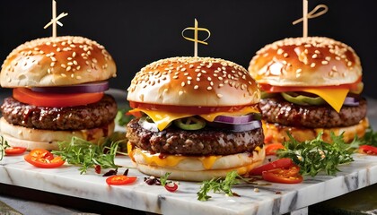 Gourmet burgers with colorful toppings on marble board, ideal for restaurant menus