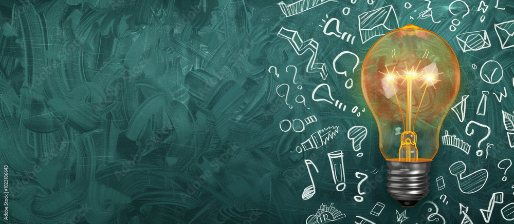 Poster light bulb is lit up on a green background with a lot of scribbles surrounded by a lot of questions 
