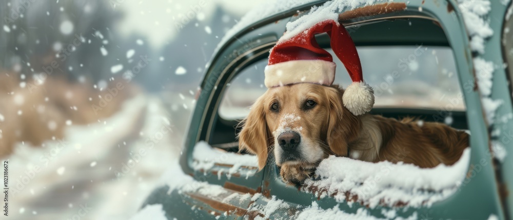 Wall mural a dog wearing a santa hat looks out from a vintage car's window into a snowy scene, capturing the fe