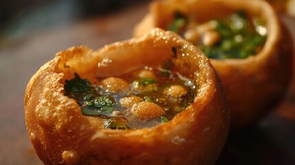 Freshly Filled Pani Puri Close-Up View