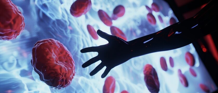 A shadowed hand extends toward floating red blood cells, embodying a futuristic exploration of human biology and technological advancements.