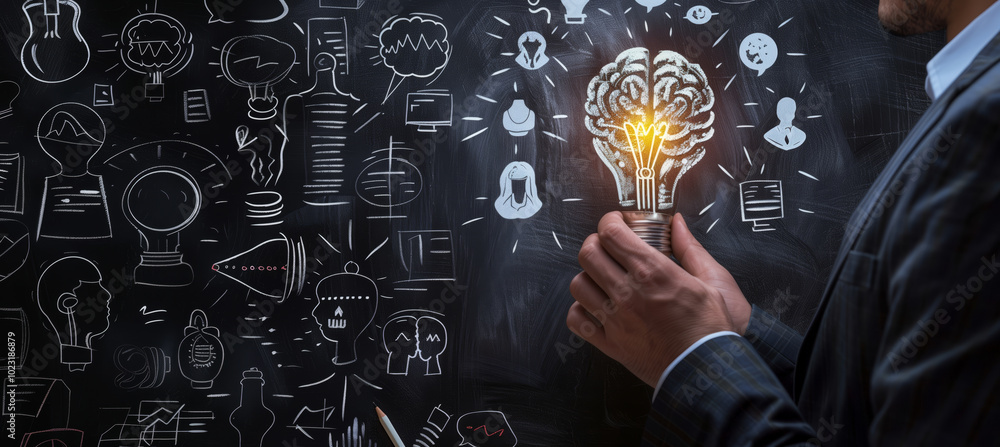 Poster man is holding a light bulb in front of a blackboard with various drawings and symbols. concept of i
