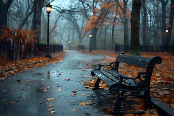 Serene Autumn Park Scene with a Bench and Fallen Leaves