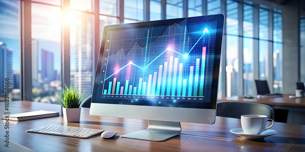 Poster glossy desktop monitor concept with floating holographic loan documents and interest rate graphs - p