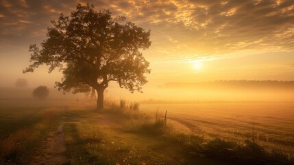 Sunrise Over a Misty Field with a Lone Tree