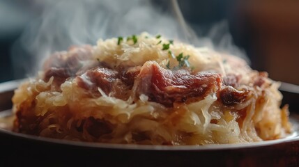 Fototapeta premium Steaming Hot Plate of Choucroute