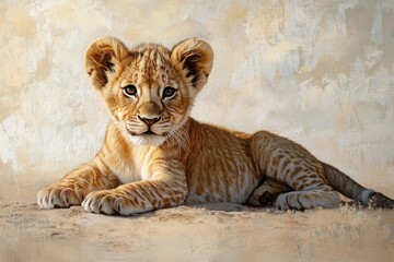 Gentle lion cub resting gracefully on a plain background in a tranquil setting