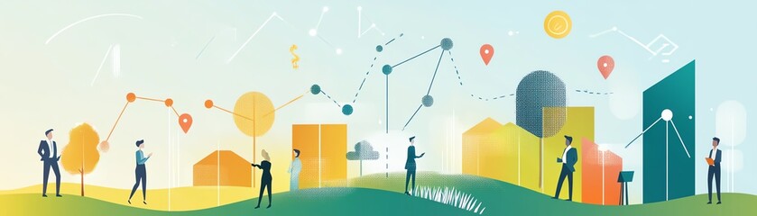 Mentoring session, financial graph overview, outdoor workshop, connecting grid, flat design illustration
