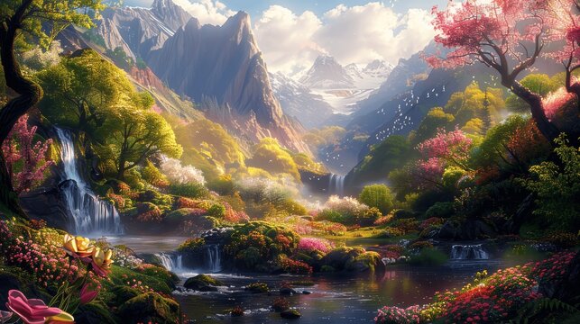 Enchanted Forest with Waterfalls and Lush Greenery in Romantic Style