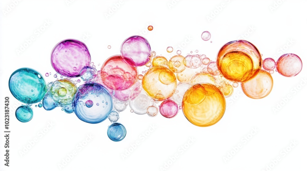 Poster a group of colorful liquid bubbles in different sizes on a white background