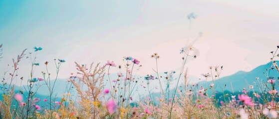 Colorful meadow wildflowers sway gently under a clear sky, with mountains in the distance, creating a dreamy, serene landscape.