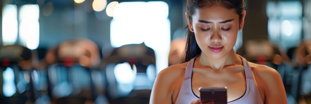 Asian woman exercising in the gym, using her smartphone to check emails or listen to music Represents fitness and modern lifestyle with copy space
