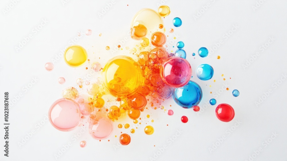 Poster a group of colorful liquid bubbles in different sizes on a white background