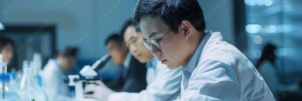 Poster a scientist in a lab coat working with a microscope.
