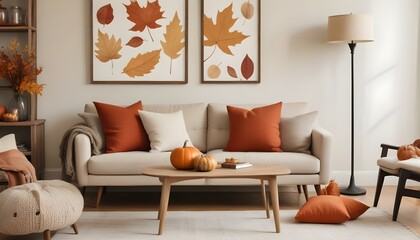 A cozy living room with a beige sofa, a wooden coffee table with autumn decor, and framed artwork featuring fall leaves on the wall.