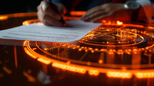 Closeup of a hand signing a document with a futuristic holographic interface in the background.