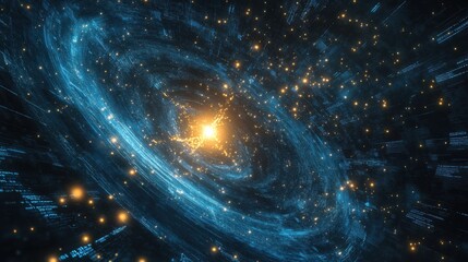 Naklejka premium A vibrant blue nebula of data swirling around, with a single golden star at its center, representing a secure data center illuminated against a backdrop of digital code.
