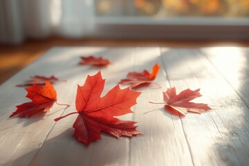 Obraz premium Thanksgiving Holiday Decor with Red Maple Leaves and Rustic Wooden Table