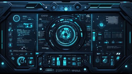 Obraz premium An innovative HUD interface with bright cyan and dark navy elements, incorporating rectangular panels and circular indicators for a bold and dynamic aesthetic.
