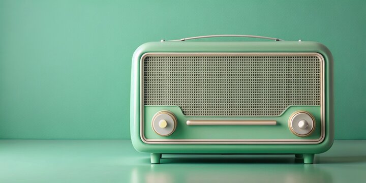 Vintage mint green radio sitting on a monochrome background, retro, antique, technology, object, nostalgia, pastel, color