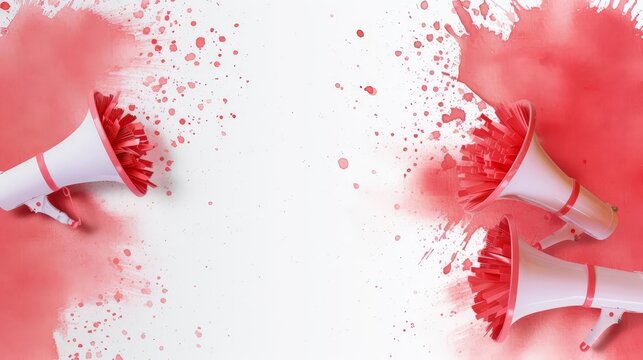 Watercolor painting of red hibiscus flowers and green leaves on a white background with splattered paint.