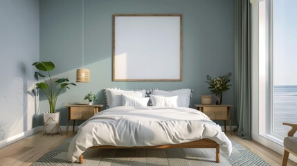 Minimalist bedroom interior with a large blank canvas mockup above the bed.