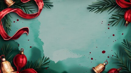 Watercolor Christmas background with red ribbon, ornaments, and bells.