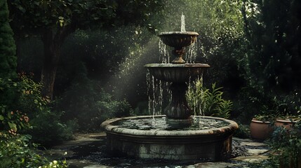 Enchanting Fountain Oasis Amidst Lush Greenery in Serene Garden Landscape