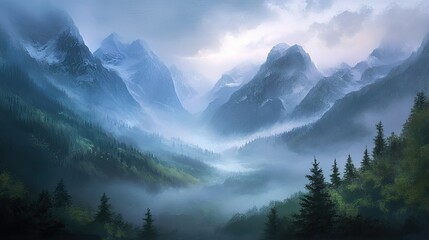 Obraz premium A foggy mountain valley with peaks barely visible through the mist and soft light illuminating the scene.
