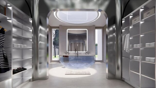 Interior Empty Modern future house open space .Living room and pantry dining kitchen. home .modern monomal space interior .3D Rendering .
