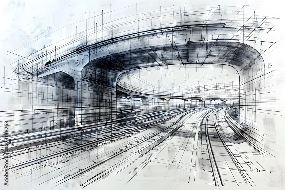 Poster dynamic architectural sketch of a curved train track and overpass