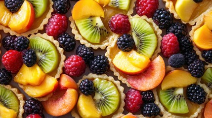 Obraz premium A spread of colorful fruit tarts, tightly arranged, with each tart topped with glistening fruits like kiwi, berries, and peach slices.