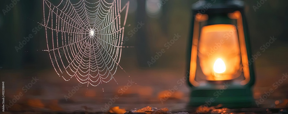 Aufkleber a tranquil scene featuring a spider web glistening in the light of a lantern, set against a blurred 