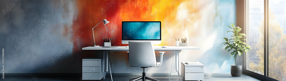 Poster glossy home office setup with abstract digital art background - modern workspace design for creative