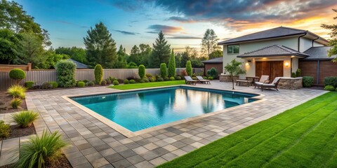 Fototapeta premium Backyard oasis with concrete pavers, grass, and a pool, backyard, oasis, concrete pavers, pool, grass