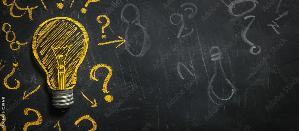 Aufkleber chalkboard with a light bulb drawn on it and a bunch of questions. scene is one of curiosity and lea