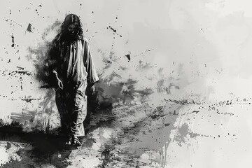Simple Pencil Drawing of Jesus Walking Forward in Watercolor Style on White Background