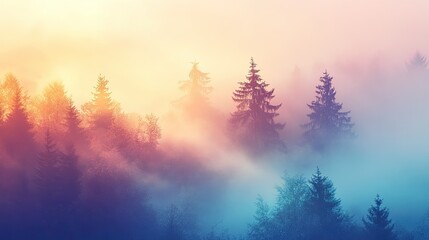 A foggy sunrise over a quiet forest, with soft light filtering through the mist and trees.