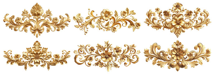 Fototapeta premium Set of golden baroque floral ornaments with intricate details, cut out