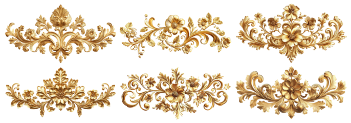 Set of golden baroque floral ornaments with intricate details, cut out