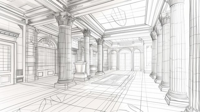 Architectural blueprint of a grand hall with columns and intricate details.