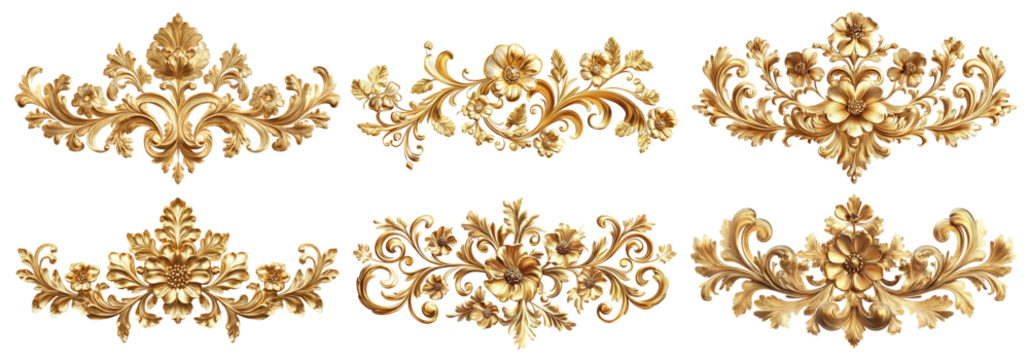 Set of golden baroque floral ornaments with intricate details, cut out