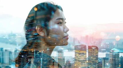 Double exposure of a woman with cityscape and data, symbolizing the intersection of urban life and digital information for modern, tech-driven themes with copy space