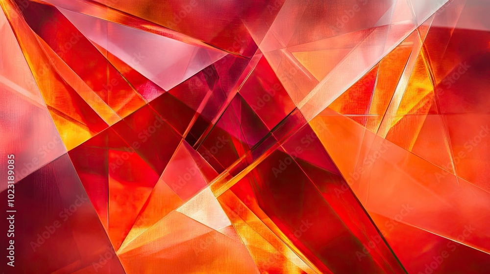 Poster a geometric abstract background with sharp, overlapping triangles in shades of red and orange, formi