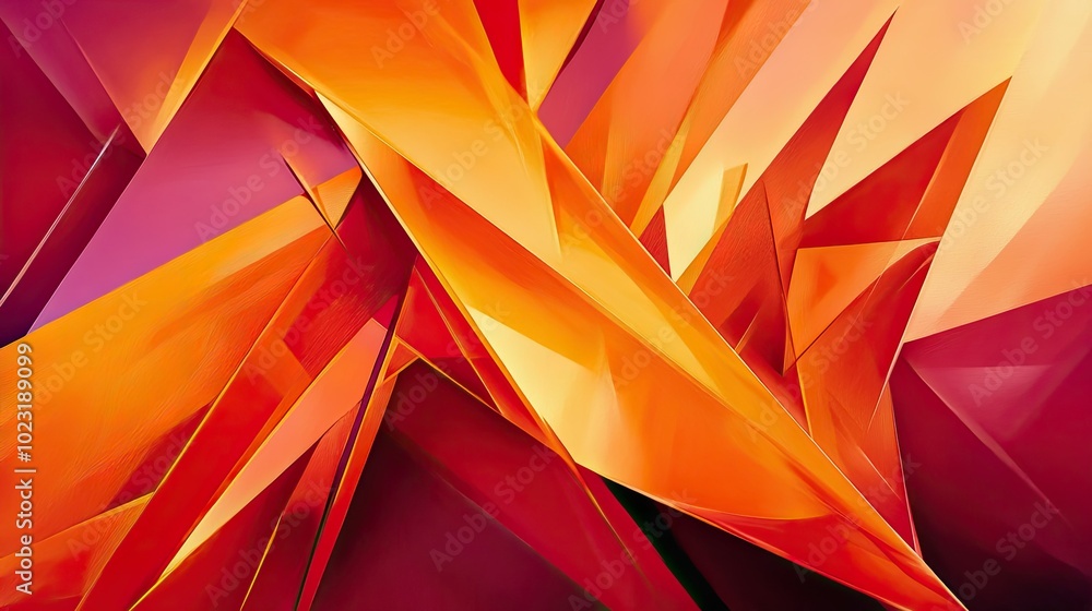 Poster a geometric abstract background with sharp, overlapping triangles in shades of red and orange, formi