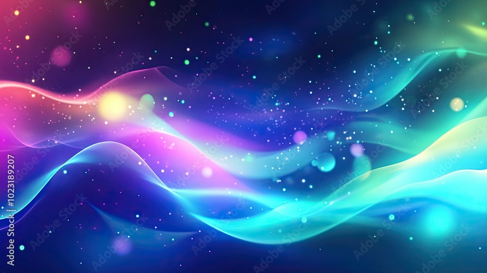 Poster a glowing abstract background with neon lights and particles, creating an otherworldly atmosphere wi