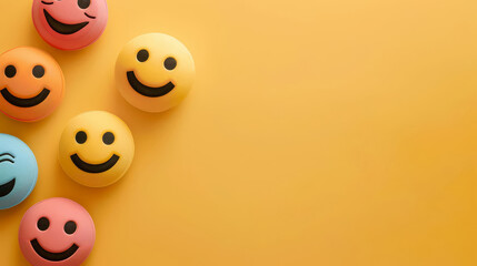 Colorful smile faces on a yellow background with copy space.