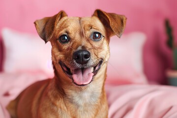 Adorable Dog Smiling in a Cozy Pink Setting