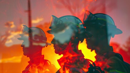 Silhouettes of firefighters against a backdrop of flames.